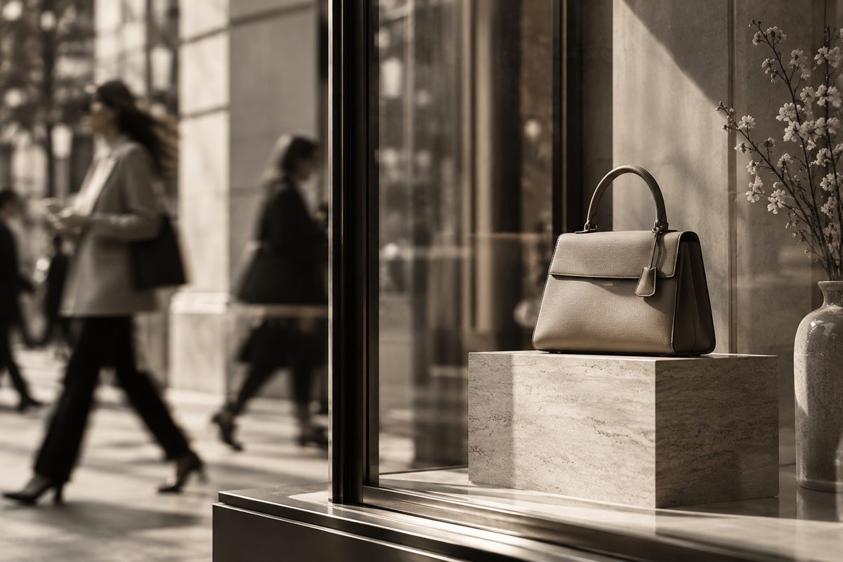 Bolsa em uma vitrine elegante enquanto pessoas passam sem olhar